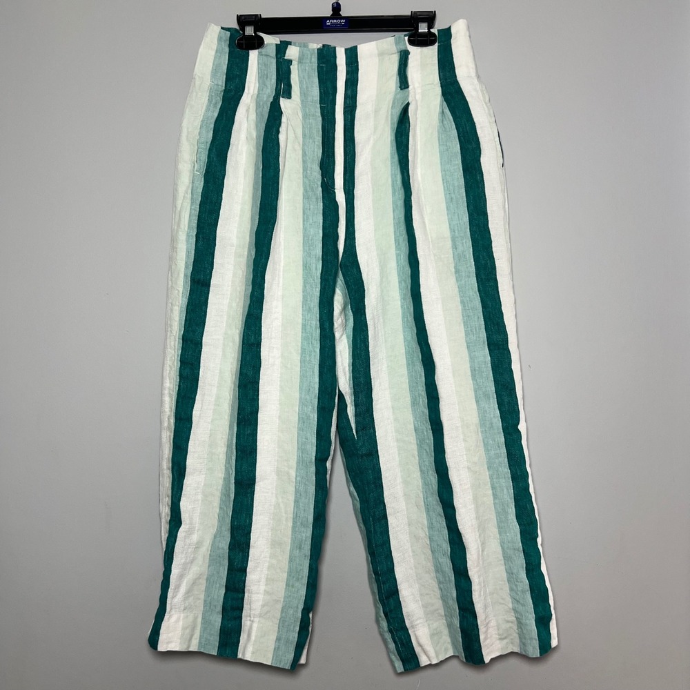 J.Crew Womens Green White Striped 100% Linen Wide Leg Cropped Pants Size 10